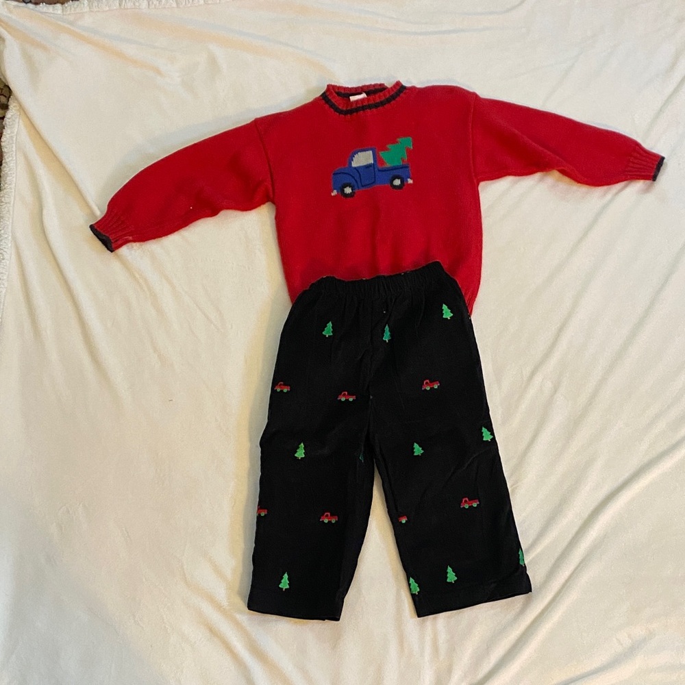 Red Sweater and Black Pants Set with Truck Design